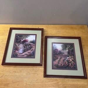 Vtg Joan Cole Garden Landscape Framed Art Prints Set 2 Home Interior Cottagecore